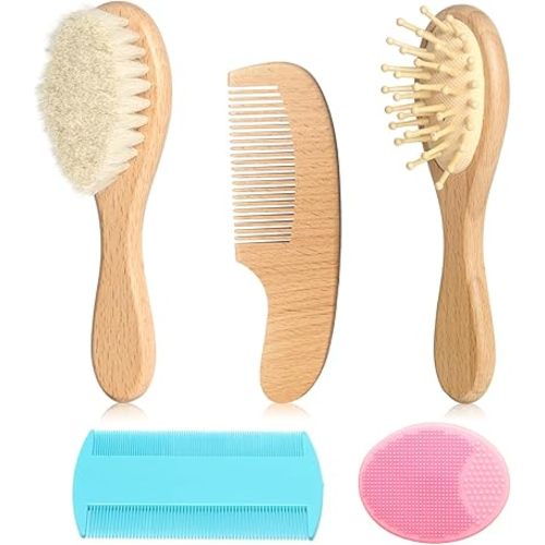 Goat Baby Hair Brush Set, Wooden Comb Massage Scalp Comb, Safe Natural Hair Care Kit, Soft Silicone Bath Brush for Newborns Toddlers (Brush Set+ Pink Massager)