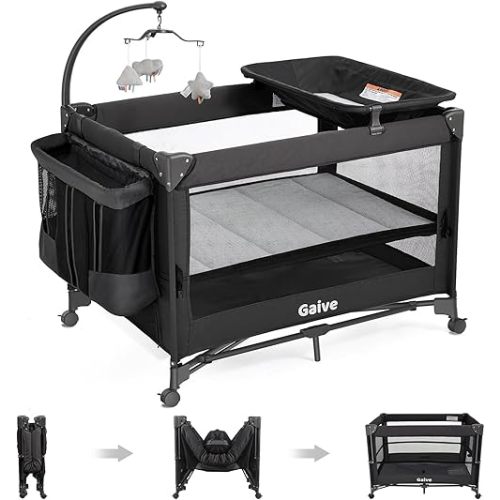 Baby Bassinet Bedside Crib, Pack and Play with Mattress, Diaper Changer, One-Push Setup Playards from Infants to Toddlers (Black)