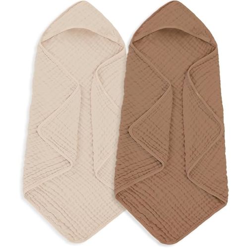 Muslin Hooded Baby Towels 100% Cotton ，Super Soft Muslin Baby Bath Towel - 32 x 32 Inches, Suitable for Newborn and Young Children up to 3 Years Old. (Beige & Coffee)