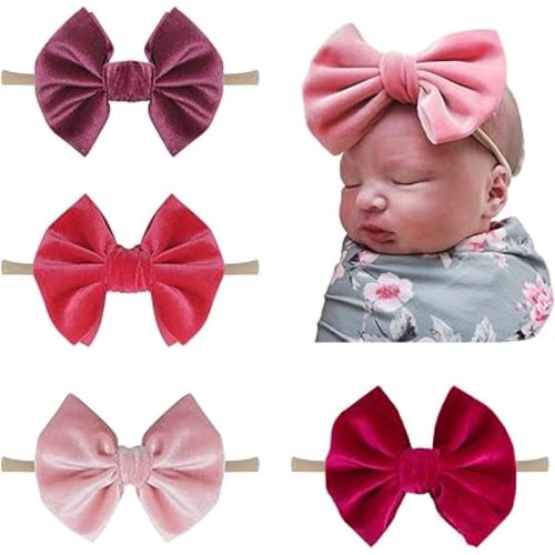 Baby Girl 5 Inch Velvet Bow Nylon Headband 4 PCS, Big Hair Bows Hair Band, Girl Hair Accessories for Newborn Infant Toddlers (C velvet pink NB 4pc)