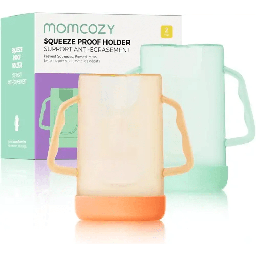 Momcozy Squeeze Pouch Holder for Food Pouches and Drink Boxes, Baby Pouch Holder Allows Baby to Self-feed and Avoid Messes, Baby Food Pouch Holder Handle is Easy to Grip, Comfortable, Green&Orange
