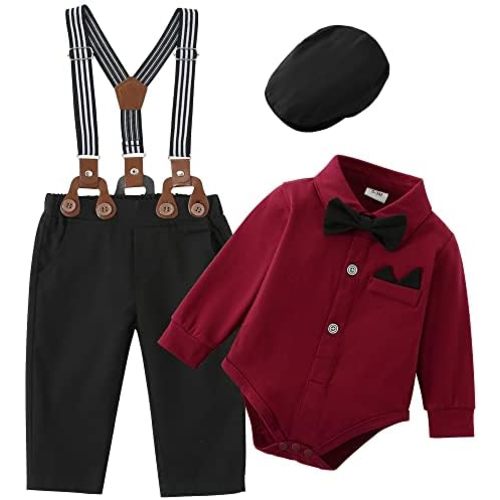 ZOEREA Baby Boy Suit 0-24M Gentleman Outfit Clothes Set Infant Long Sleeve Dress Shirt+Suspender Pants+Bowtie+Beret Hat