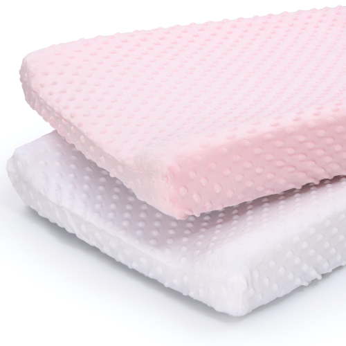 The Peanutshell Plush Minky Dot Baby Changer Pad Cover for Girls, 2 Pack, Pink & White
