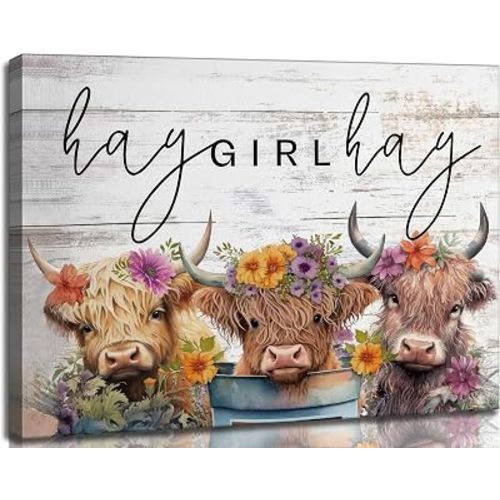 hijyord Cute Highland Cow Baby Canvas Wall Art Rustic Farmhouse Hay Girl Hay Cows Painting Picture Wall Decor Poster Printing Artwork for Bedroom Living Nursery Room Baby Room Home Decoration
