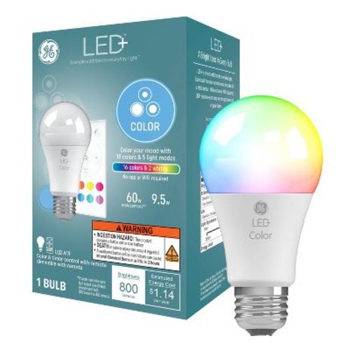 GE LED Color Changing A19 LED Light Bulb: Multicolored, 9.5W, 800 Lumens, Energy Star Certified, E26 Base, 2700K, 13.7-Year Life