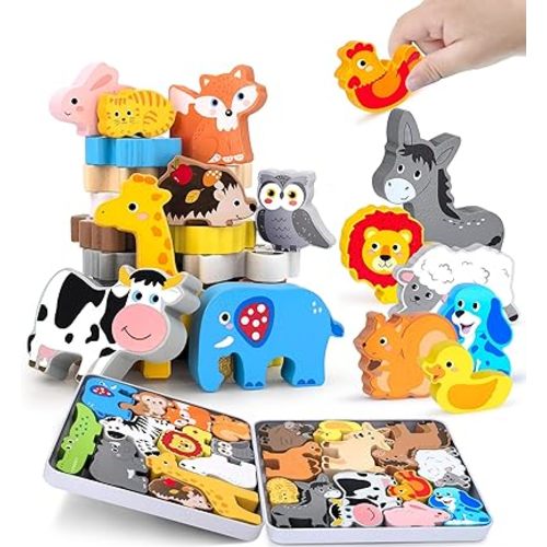 Wooden Animal Puzzles Toys for Toddlers,24 Pcs Farm and Safari Animal Figures,Animal Matching Sorting Stacking Toys for Boys Child Girls,Educational Learning Toys Gift for Kids