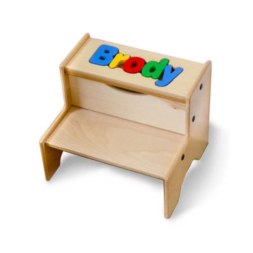 Child's Personalized Name Maple-Finished Two-Step Puzzle Stool - Primary Colors