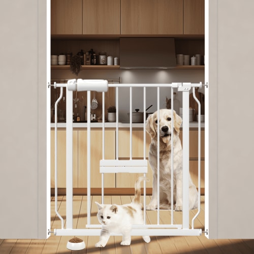Fairy Baby Baby Safety Gate with Cat Door,24"-29" Extra Wide Pressure Mount Pet Gate White Metal