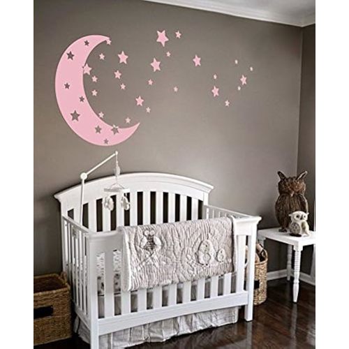 Moon and Stars Night Sky Vinyl Wall Art Decal Sticker Design for Nursery Room DIY Mural Decoration (Carnation Pink, 22x49 inches)