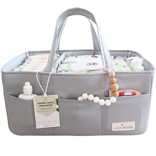 Lily Miles Diaper Caddy Organizer with 8 Pockets, Wipeable Baby Caddy Basket for Diapers and Wipes, Baby Registry Favorites, Nursery Tote Bag for Changing Table or Car (Heather Grey, Large)