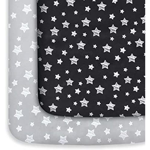 Mini Crib Sheets, 2 Pack Pack and Play Sheets, Stretchy Playard Fitted Sheet, Compatible with Graco Pack n Play, Soft and Breathable Material, Grey & Black
