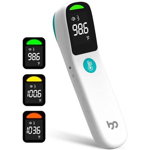 No-Touch Forehead Thermometer, 1s Accurate Reading and 3-Color Indicator, 2-in-1 Infrared Thermometer for Adults and Kids with Fever Alarm and Blue-ray Indication, White