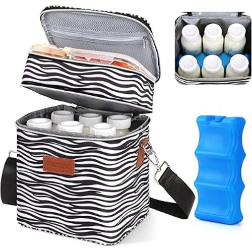 PIIOSER Breastmilk Cooler Travel Bag with Ice Pack, Fits 6 Baby Bottles Up to 9 Oz, Insulated Bottle Cooler Bags with Shoulder Strap, Double Deck & Leakproof for Moms Daycare, Picnic, Beach