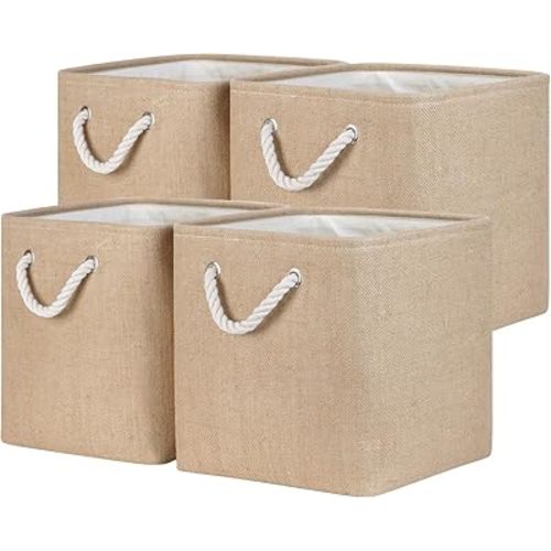 Temary Fabric Baskets 12 Inch Storage Cubes Basket, Clothes Baskets for Shelf, 4 Pack Large Storage Basket with Handles for Organizing Books, Blankets (Linen Yellow)
