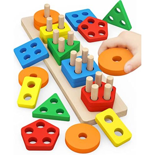 PEBIRA Montessori Toys for 1 to 3-Year-Old Boys Girls Toddlers, Wooden Sorting & Stacking Toys for Toddlers and Kids Preschool, Educational Toys, Color Recognition Shape Sorter, Learning Puzzles Gift