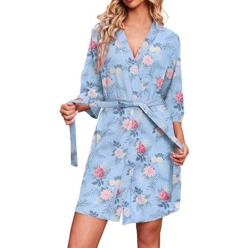 Ekouaer Batas para mujer, de punto gofre, suave, ligera, hasta la rodilla, tallas S-XXL