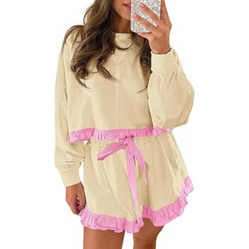 Fisoew Women's 2 Piece Lounge Sets Color Block Ruffle Cropped Sweatshirts Loose Drawstring Waist Shorts Sweatsuits