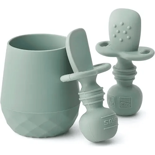 SAMiGO Silicone Baby Utensils - Self Feeding Spoons and Tiny Training Cup - First Stage Baby Led Weaning Supplies for 6 Months+ Infants - Set of 3