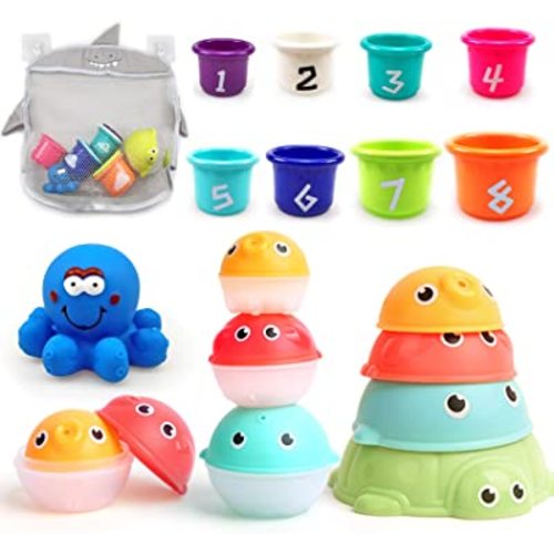 Baby Bath Stacking Toys with Organizer Bag, 8 Stacking Cup Toys, 4 Stack Up Squirts Animal Balls and 1 Floating Blue Octopus, Bath Time Fun Splash Toys, Gifts for Toddler 1-3 Years