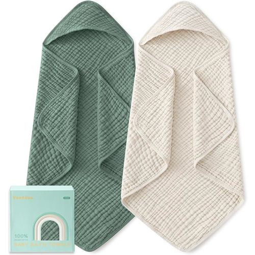 Yoofoss Hooded Baby Towels for Newborn 2 Pack 100% Muslin Organic Cotton Baby Bath Towel with Hood for Babies, Infant, Toddler and Kids, Large 32x32Inch, Soft and Absorbent Newborn Essential