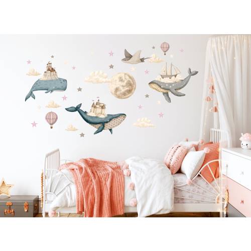 Pink Ocean Nursery wall decal, Under the Sea sticker, Watercolor whale, Hot air Balloons, Castle wall decal, Kids room decor