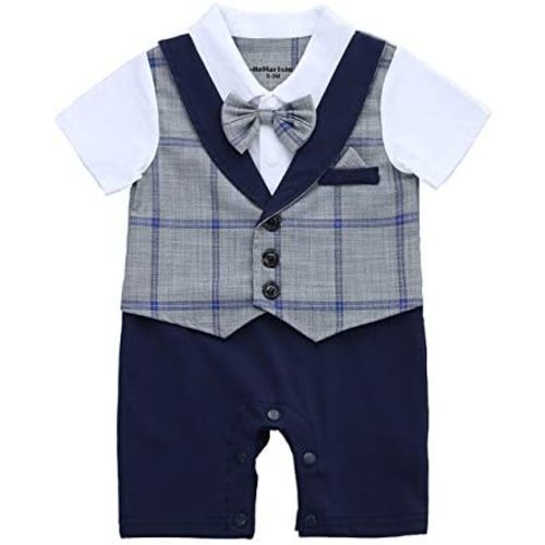 Baby Boy Gentleman White Shirt Waistcoat Bowtie Tuxedo Onesie Jumpsuit Overall Romper