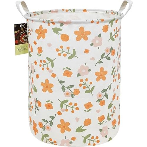 HUNRUNG Laundry Hamper,Large Canvas Fabric Lightweight Storage Basket Toy Organizer Dirty Clothes Collapsible Waterproof for College Dorms(Round-Orange Flower)