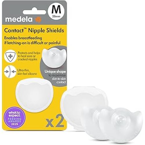 Medela Contact Nipple Shields for Breastfeeding, 20 mm, Food Grade Silicone, Designed to Protect Cracked or Sore Nipples and Support with Latch-On, Made Without BPA, Pack of 2