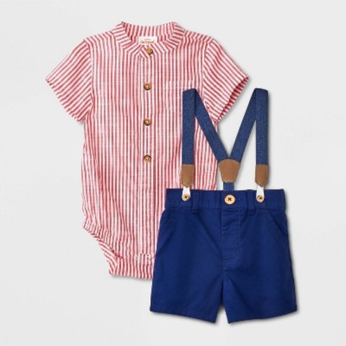 Baby Boys' Mini Man Striped Henley Denim Top & Bottom Set - Cat & Jack™ Red 6-9M