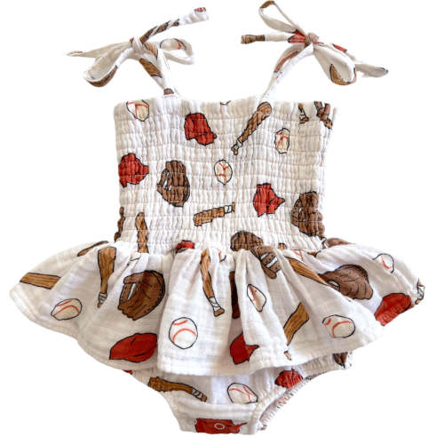 Muslin Smocked Bubble w/ Skirt, Baseball, 0-3 months