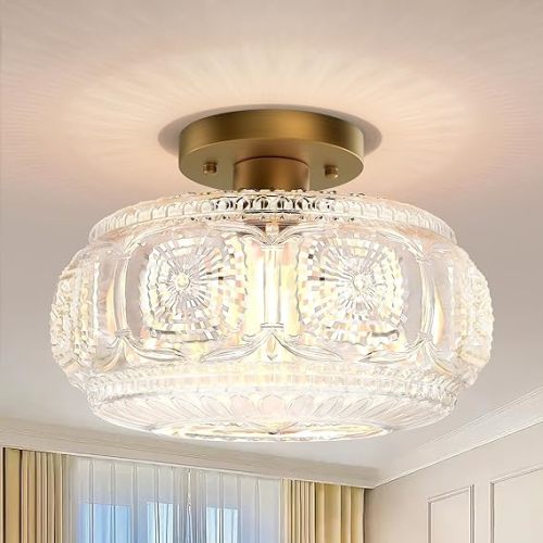 Semi Flush Mount Ceiling Light, Upgraded Larger Gold Glass Ceiling Light Fixture, Vintage Lighting for Hallway Kitchen Bedroom Dining Room, Bulb Not Included
