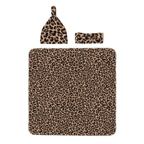 Easygdp Brown Leopard Baby Newborn Receiving Blanket with Matching Headband and Bow,Nursery Swaddle Wrap Set