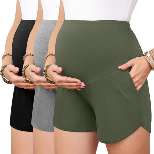 3 Pack Women's Maternity Shorts Over Belly Pregnancy Lounge Workout Running Cotton Casual Pajama with Pockets