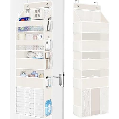 WISELIFE 5-Tier Over the Door Organizer for Hanging - 50LB Heavy-Duty Back of Door Organizer with 5 Spacious Pockets & 13 Mesh Pockets, Multipurpose Storage for Nursery, Bedroom, Closet(1 Pack, Beige)