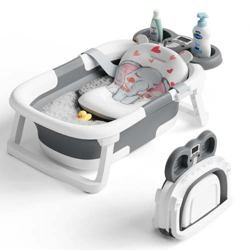 TUMAJUP Foldable Baby Bathtub Elephant PP+TPE with Soft Cushion&Thermometer for 0-36 Months Toddler Gray