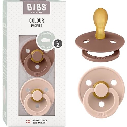 BIBS Pacifiers 6-18 Months | Set of 2 Colour Pacifier with Symmetrical Nipples | BPA-Free Natural Rubber | Made in Denmark | Woodchuck/Blush, 6-18 Months