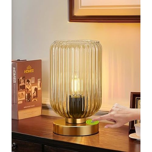 Touch Table Lamp for Nightstand - Small Bedside Lamps for Night Stands Bedroom Living Room, Dimmable Rechargeable Desk Lamp Battery Operated with Amber Glass Shade, Bulb Included