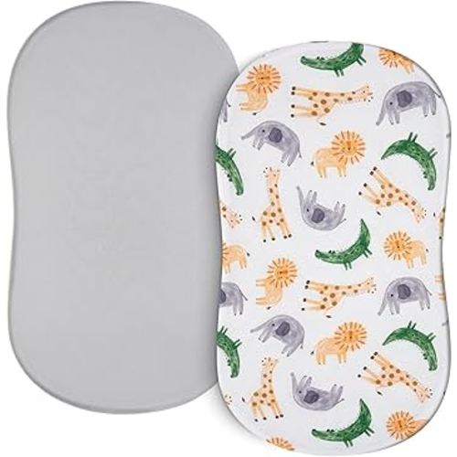 TILLYOU Baby Bassinet Sheets for Girls Boys 2 Pack Baby Sheets for Square Rectangle Oval Bassinet Mattress 33X16 Inch, African Steppe & Grey