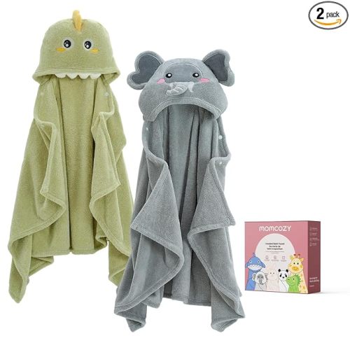 Momcozy Baby Bath Towels with Visualize Health Label - Ultra Soft & Absorbent Coral Fleece Hooded Towels for Newborn, Infant, Toddler (0-36 Months) Bath Essentials (Large Size,2 Pack)