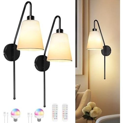 Battery Wall Sconces Set of Two, Rechargeable Wall Lights with Remote Control & RGB Bulbs, Dimmable Wireless Sconce Indoor, Black Led Wall Light for Bedroom Living Room Hallway