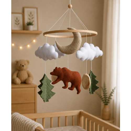 Bear Baby Mobile for Crib | Woodland Forest Nursery Decor Handmade Felt Animals