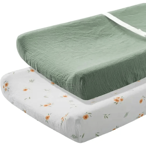 Meracorallo Muslin Changing Pad Cover, 2 Pack 100% Cotton Soft and Comfortable Floral Changing Table Cover for Baby Boys and Girls, Daisy & Green