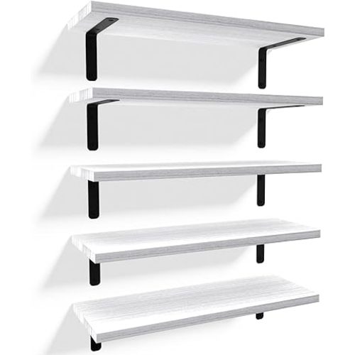RICHER HOUSE Floating Wall Shelves, Rustic Wood Bathroom Shelves Set of 5, Farmhouse Style Shelf for Décor, Hanging Bedroom, Storage, Kitchen, Living Room - White