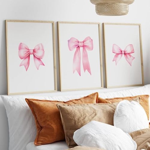 NATVVA 3 Pieces Prints Pink Bow Wall Art Islam Poster Pictures Artwork for Teen Room College Apartment Nursery Girly Home Decor No Frame