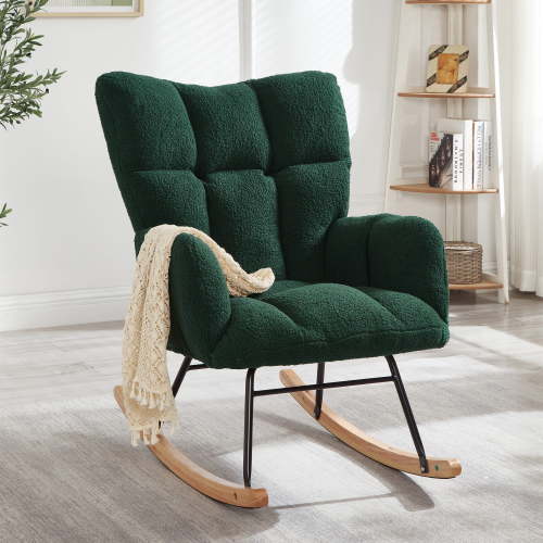 JXXRZ Nursery Rocking Chair, Oversized Teddy Plush Rocker with Modern Upholstered High Back and Solid Wood Legs, Green