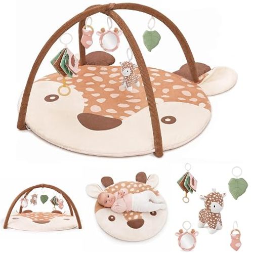2PM SPORTS Baby Play Gym Tummy Time Play Mat with 5 Detachable Toys – Deer Theme, Machine Washable Baby Playmat for Sensory Development, Activity Mat for Newborn Infant 0-6 6-12 Months, Baby Gift