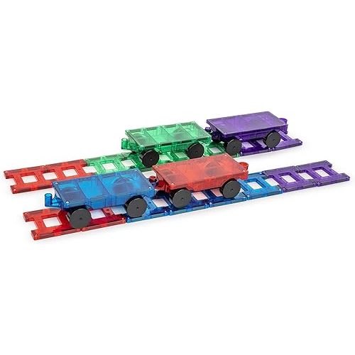 Playmags Magnetic Tiles Train Set, 20 Piece Accessory Set Includes 4 Trains, Stronger Magnets, Building Blocks Add-On, STEM Toys for Kids.