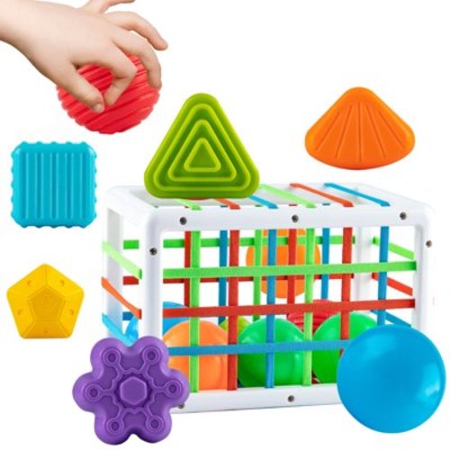 Sensory Toys, Baby Shape Sorter Toy, Montessori Developmental Toys for 1-3 Year Old, Storage Cube Bin & 12 Sensory Shape Blocks, Early Learning Toddler Toys, Fine Motor Skills, Boy Girl Birthday Gift