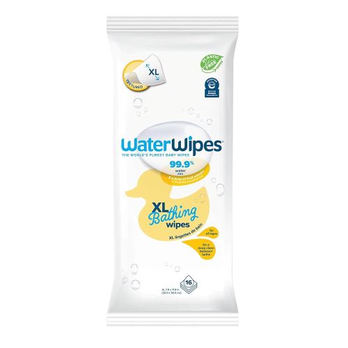 WaterWipes Plastic-Free XL Bathing Wipes for Toddlers & Babies, 99.9% Water Based Wipes, Unscented & Hypoallergenic for Sensitive Skin, 16 Count (1 pack), Packaging May Vary