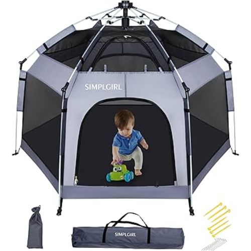Premium in-Door and Ou-tdoor Baby Playpen - Portable, Lightweight, Pop Up Pack and Play Toddler Play Yard w/Canopy and Travel Bag - Grey